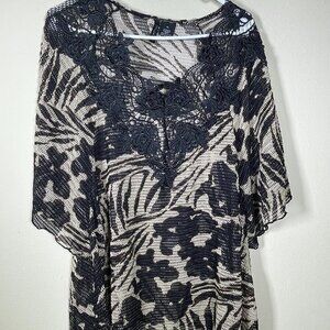 New Direction Women's SS Animal Print Sheer Embroidered Top Nylon!